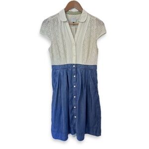 Anthropologie HD in Paris Lace Chambray Midi Shirt Dress Short Sleeve Pintucked